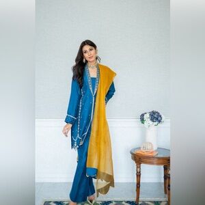 Amna Iqbal Elegant Blue and Gold Outfit